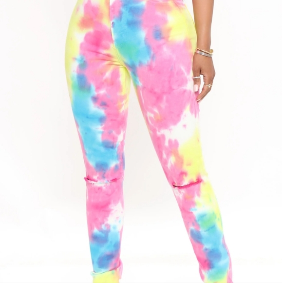 NWT Fashion Nova Pink Yellow Blue Tie Dye Denim High Rise Pants Jeans - Picture 5 of 16